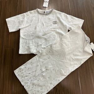 Zara knittted set with stones embeded White Top and Skirt with Silver Accents